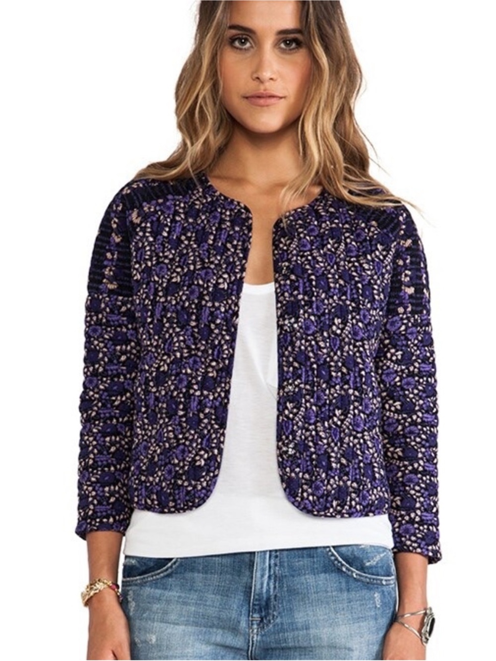 Ulla Johnson Purple Black Tan Floral Block Print Quilted Casbah Cotton Jacket in